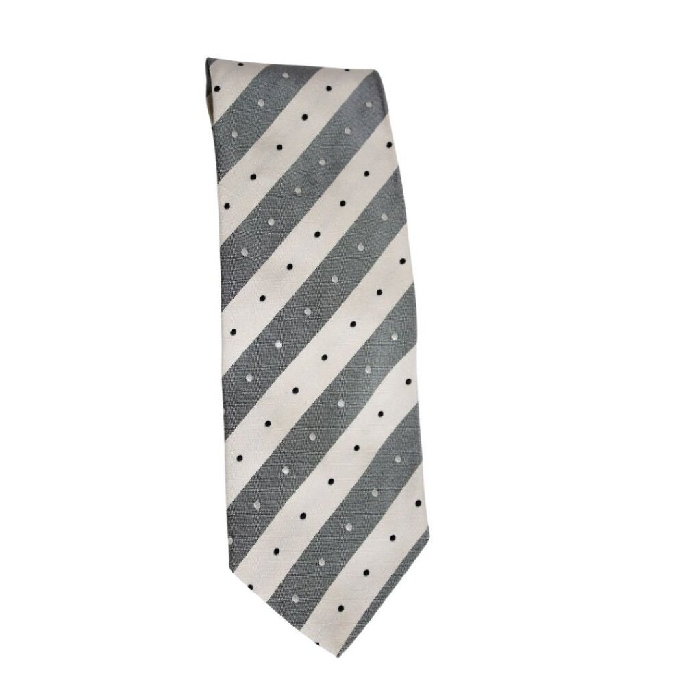 Hugo Boss Tie 100% Silk Cream, Charcoal Grey & Black Diagonal Striped Polka Dot